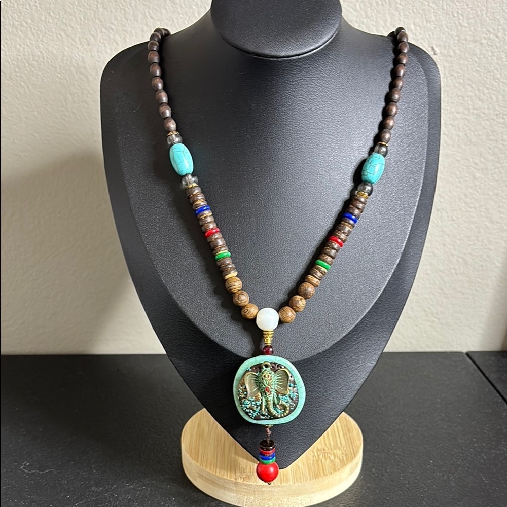 Vintage Elephant Long Necklace Handmade Turquoise Wood Beads Necklace
